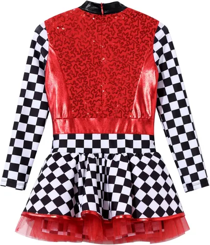 Vista 4 de Jelory Disfraz de piloto de carreras para niños y niñas, diseño de tablero de ajedrez con lentejuelas brillantes, body para Halloween, juego de rol