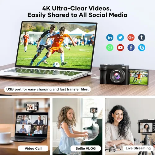Vista 5 de Cámara digital 4K para fotografía de enfoque automático, cámara compacta de 50 MP con pantalla abatible de 180°, zoom digital de 16X, cámara
