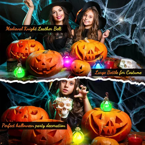 Vista 6 de Meanplan Paquete de 4 botellas de poción de corcho de Halloween, accesorios para disfraz de bruja, botellas de poción con corcho y cinturón