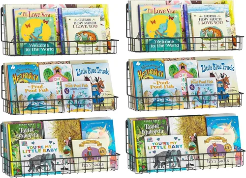 Vista 9 de X-cosrack Paquete de 4 estanterías de metal montadas en la pared, estantes flotantes para libros para niños, guardería, aula infantil, organizador
