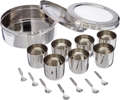 Vista 3 de Tabakh Masala Dabba - Caja de acero inoxidable con 7 cucharas, con pantalla transparente y tapa transparente