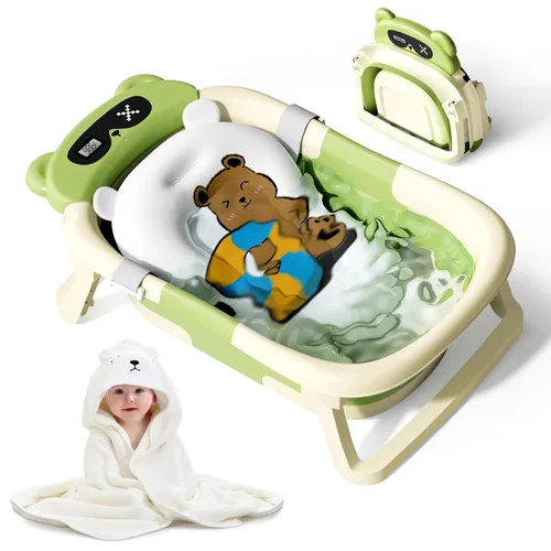 Vista 14 de Bañera para bebé, bañera plegable para recién nacidos a niños pequeños (0-18 meses), bañera plegable para viajar con termómetro, cojín suave, azul