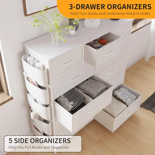 Vista 29 de Cómoda de almacenamiento de tela con 11 cajones para organización del dormitorio, cómoda con estantes profundos, bolsillos laterales y ganchos, Negro