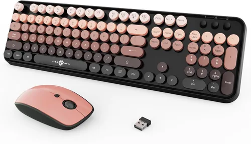 Vista 16 de Combo de teclado y mouse inalámbricos, 104 teclas redondas, lindo teclado y mouse inalámbricos coloridos con máquina de escribir retro, color negro