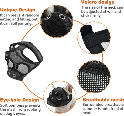 Vista 4 de Bozales cortos para perros – Bozal para bulldog de malla transpirable ajustable que puede sacar la lengua y beber agua, antimordidas y entrenamiento