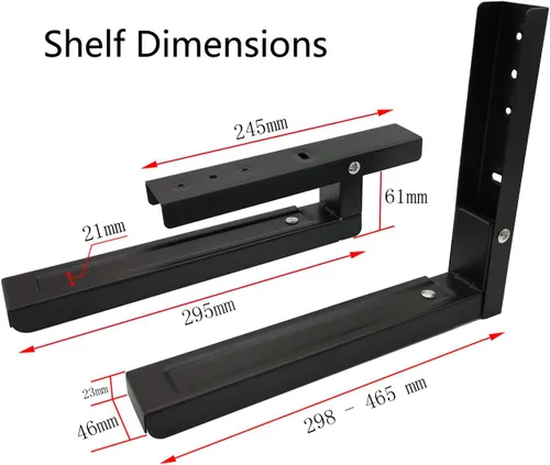 Vista 5 de Kit universal de montaje en pared para estante de microondas, brazos extendidos y plegables, para la mayoría de microondas, color negro, 1 par