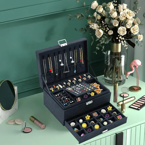 Vista 4 de Joyeros para mujer, organizador de joyas de terciopelo negro con cerradura, organizadores de joyas para adolescentes, organizador de joyas