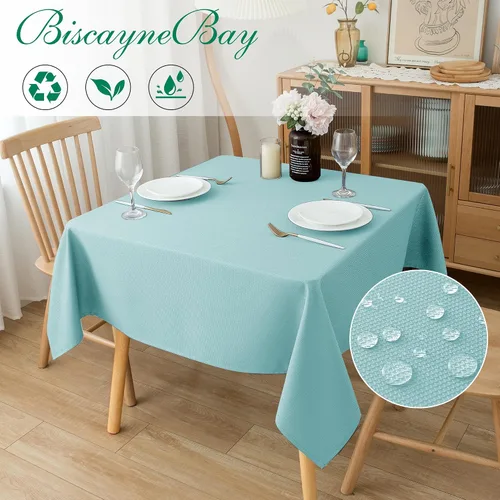 Vista 2 de Biscaynebay Auqa - Mantel cuadrado de 54 x 54 pulgadas, mantel de tela con tarjeta azul Auqa, pequeño, plegable, resistente al agua, para cocina