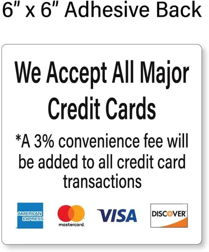 Vista 2 de Paquete de 3 calcomanías de pago con tarjeta de crédito con 3% de aviso de conveniencia, logotipos Visa Mastercard Amex Discover, parte trasera