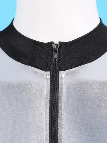 Vista 6 de CHICTRY Body ajustado de cuero brillante con cuello alto falso para mujer, juego de rol de astronauta, fiesta rave, traje con sobremanga
