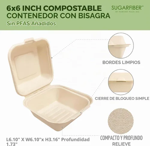 Vista 2 de Harvest Pack - Contenedores compostables de 6 x 6 pulgadas (paquete de 50), caja Bento de 4 pulgadas sin PFAS con certificación BPI para tartas