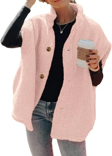 Vista 16 de Hongqizo - Chaleco de forro polar mullido para mujer, casual, de gran tamaño, cálido, con botones, chaqueta de sherpa con bolsillos