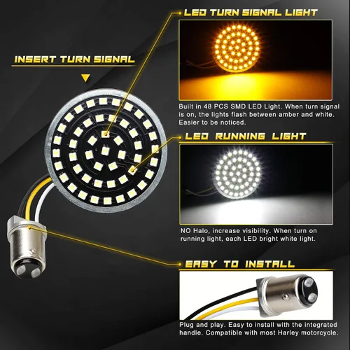 Vista 2 de NTHREEAUTO 1157 Señales de Giro LED Delanteras de 2 Pulgadas Bala Intermitentes Panel SMD Compatible con Harley Dyna Sportster Road King Street Ámbar