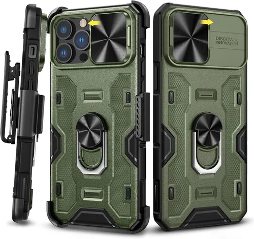 Vista 8 de Caka Funda para iPhone 13 Pro Max, iPhone 12 Pro Max con soporte y clip para cinturón, funda para cámara con soporte de anillo giratorio de 360°