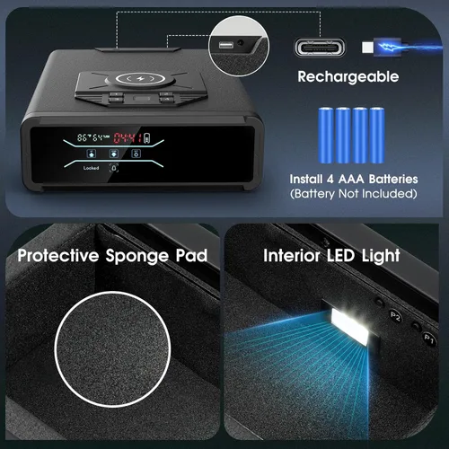 Vista 5 de Caja fuerte para pistola de pistola, biométrica de acceso rápido con carga inalámbrica para reloj y teléfono, teclado de huellas dactilares 3 en 1
