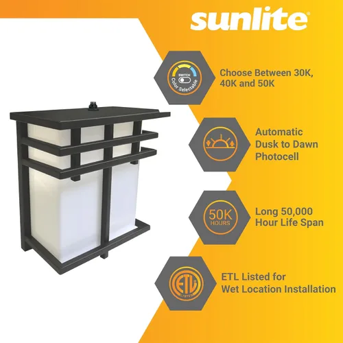 Vista 4 de Sunlite 88686 LED Mission Style - Accesorio para exteriores, 12 vatios (75 W = ), 800 lúmenes, fotocélula incorporada, acabado negro, lente blanca