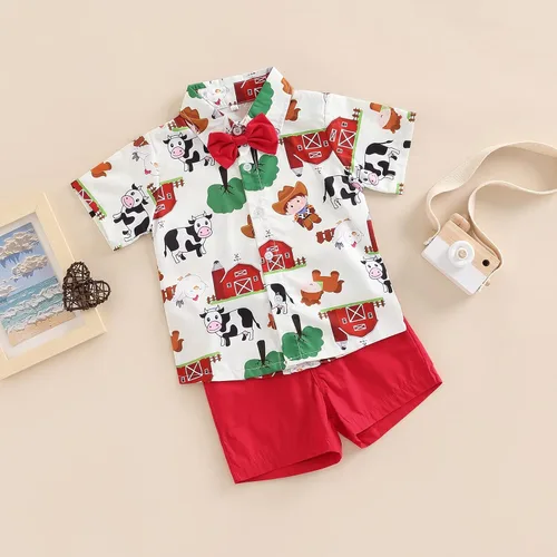 Vista 3 de Todder - Ropa de verano para niños y bebés, con estampado de dibujos animados, manga corta, cuello vuelto, camisas de vestir y pantalones cortos