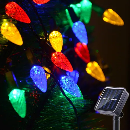 Vista 8 de Luces solares de Navidad para exteriores, cadena de luces C6 de fresa, luces de Mardi Gras, 100 LED, 8 modos, impermeable, uso al aire libre