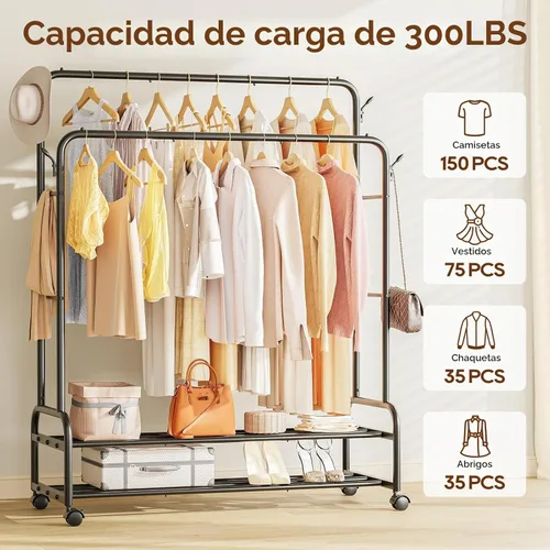 Vista 2 de TigerParty Perchero de doble barra para colgar ropa, perchero rodante con ruedas, estantes de ropa independientes con 2 estantes para dormitorio