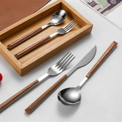 Vista 2 de Juego de cubiertos de madera para 6 cubiertos de acero inoxidable, mango de grano de madera, juego de cubiertos de 30 piezas, incluye cuchillos