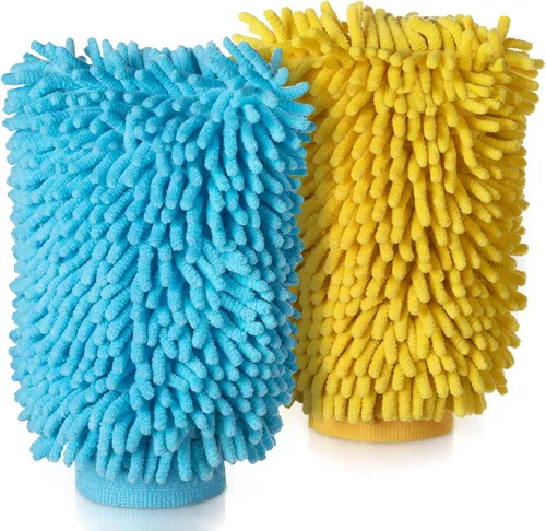 Vista 6 de MR.SIGA Manoplas de microfibra suave de chenilla para lavado de coche, paquete de 2, azul y amarillo