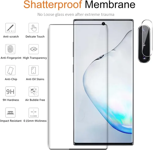 Vista 5 de Protector de pantalla de vidrio templado para Samsung Galaxy Note 10 con protector de lente de cámara [curvado 3D]