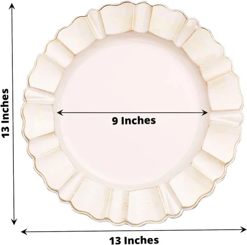 Vista 3 de Efavormart Paquete de 6 Cargadores de Platos de Cena de Plástico Acrílico Beige de 13" con Borde Festoneado Ondulado Cepillado en Dorado