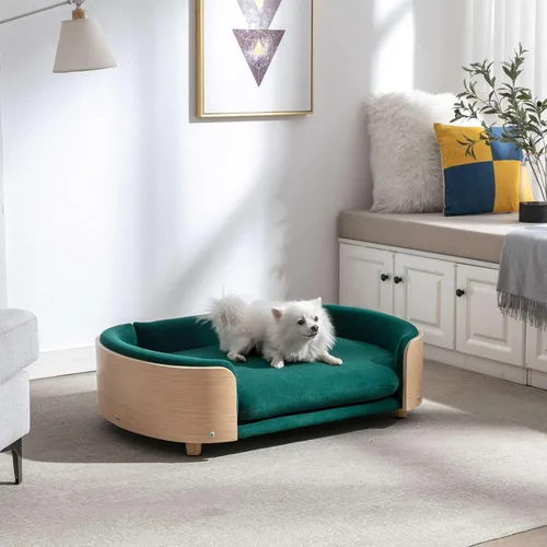 Vista 2 de Cama de terciopelo para perro, sofá para mascotas con patas de madera maciza y respaldo de madera doblada, cojín resistente a las manchas en varios