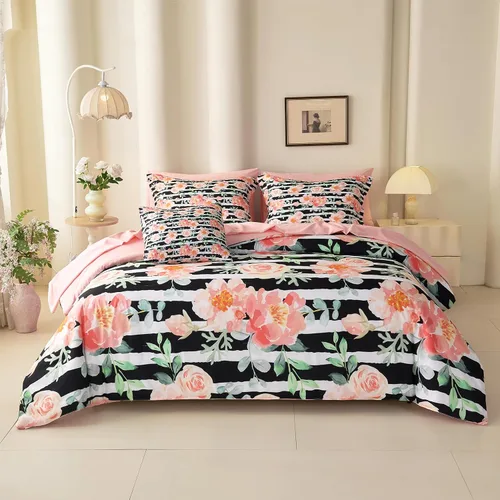 Vista 31 de Koniroom 6-Piece Pink Comforter Set Twin Size - Reversible Beige White Flower Bed in a Bag with Sheets, Pillowcases, Shams, and Decorative Pillow