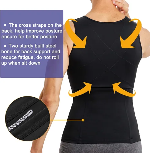 Vista 5 de Camiseta de compresión para hombre, chaleco moldeador de cuerpo, sin mangas, con cremallera, camiseta sin mangas, faja moldeadora para el estómago