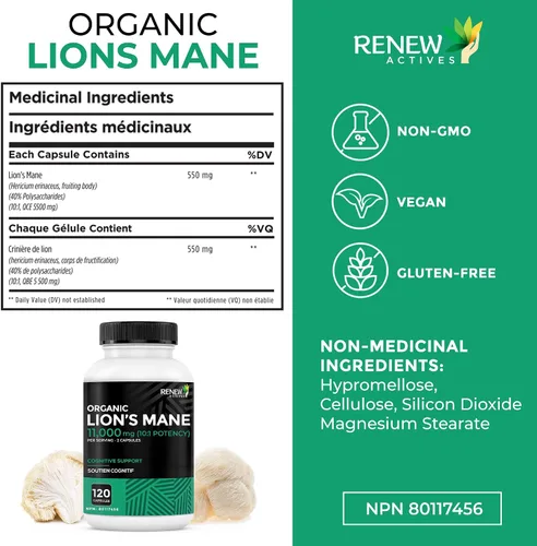 Vista 7 de Renew Actives Hongo orgánico de melena de león de primera calidad, 11000 mg por porción (relación 10:1), apoya la función cerebral, la memoria