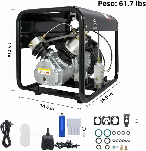Vista 8 de TUXING Compresor Pcp de 4500 psi, compresor de aire de buceo de doble cilindro, versión de parada manual, bomba de aire de alta presión para pistola