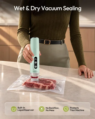 Vista 3 de Maestri House Handheld Vacuum Sealer for Food, 30 Reusable Bags & 6 Clips Gulf Blue