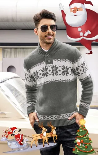Vista 4 de COOFANDY Suéter de Navidad para hombre, suéteres de Navidad de punto feo, suéter casual con copos de nieve