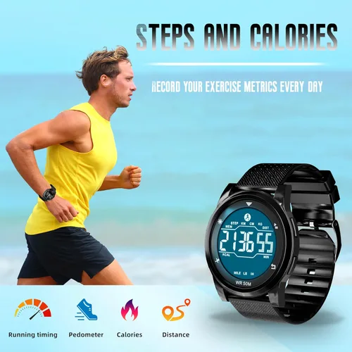 Vista 8 de CakCity Reloj deportivo digital ultrafino para hombre con esfera de aleación negra, impermeable, hora militar, alarma, podómetro y correa