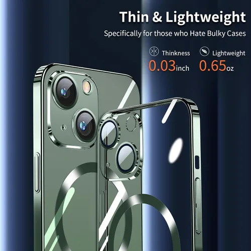 Vista 2 de Dataroad - Funda magnética de titanio verde para iPhone 15, protección completa de la cámara [compatible con Magsafe] [No se pone amarillento]