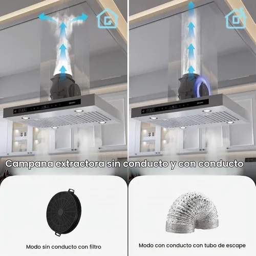 Vista 6 de BRANO - Campana extractora Island de 30 pulgadas con 900 CFM, 4 velocidades, control de voz/gestos/táctil, convertible con conductos/sin conductos