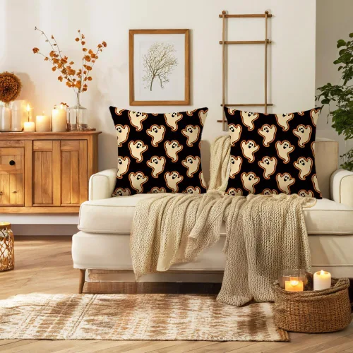 Vista 2 de Fundas de almohada de Halloween de 16 x 16 pulgadas, juego de 2 bonitas fundas de almohada decorativas para sofá, dormitorio, sala de estar