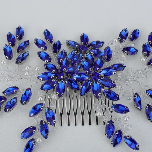 Vista 4 de Peine para el pelo, para mujer, hecho a mano, con diamantes de imitación azules, para boda, boda, fiesta, regalo del día de la madre