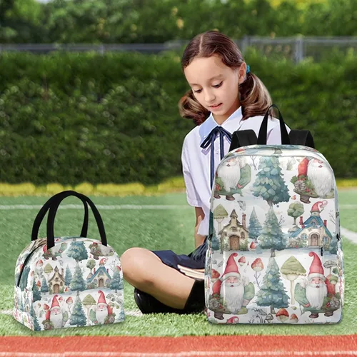Vista 7 de Gnome by Libridal - Mochila impermeable con respaldo trasero, para niñas con lonchera, Gnomos en invierno