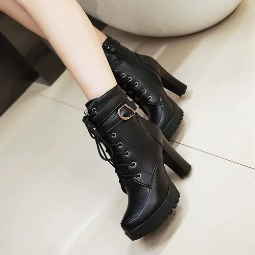 Vista 6 de MIOKE Botines de tacón alto con plataforma y puntera redonda para mujer, con cordones, cremallera y tacón alto grueso, botines cortos Forro