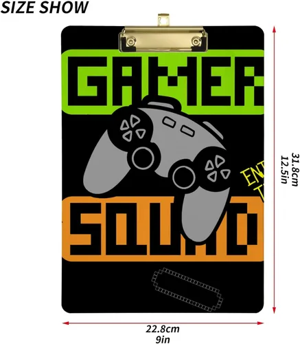 Vista 3 de Yasala Portapapeles acrílico Gamer Squad Joystick controlador de videojuegos tamaño carta A4 tablero de clip estándar con clip de perfil bajo
