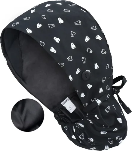 Vista 37 de QBA Gorra de trabajo ajustable con botón, gorro forrado de satén, gorro de trabajo de algodón, banda elástica para atar en la espalda, unisex