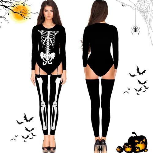 Vista 6 de Jeyiour Disfraz de esqueleto de Halloween que brilla en la oscuridad, para mujer adulta