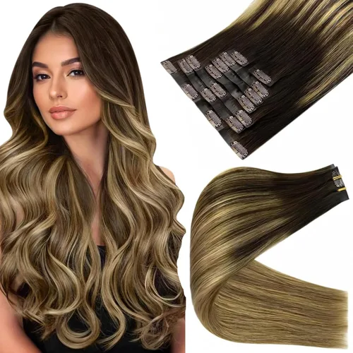 Vista 11 de Full Shine Extensiones de Cabello Rubio con Clip Reflejos Cabello Humano Extensiones con Clip Rubio Ceniza Mezcla Rubio Decolorado PU Extensiones