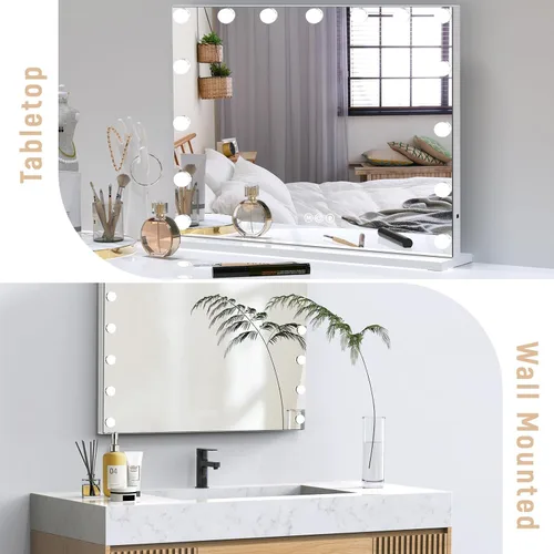 Vista 4 de Espejo de tocador de maquillaje con luces, 10 x 15 bombillas LED regulables, 3 modos de color, control táctil para dormitorio, mesa o pared