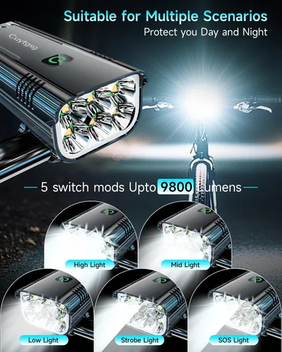 Vista 3 de 2026 Upgrade 6800Lumen Bike Light for Night Riding,Headlight Taillight Set Super Bright 6 LED Bicycle Light,10 Mode Rechargeable,360°Rotatable