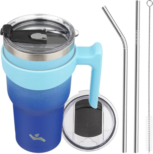 Vista 69 de Konokyo - Vaso de 10 onzas con asa y 2 popotes, 2 tapas, botella de agua aislada de acero inoxidable, taza de viaje reutilizable, color verde militar