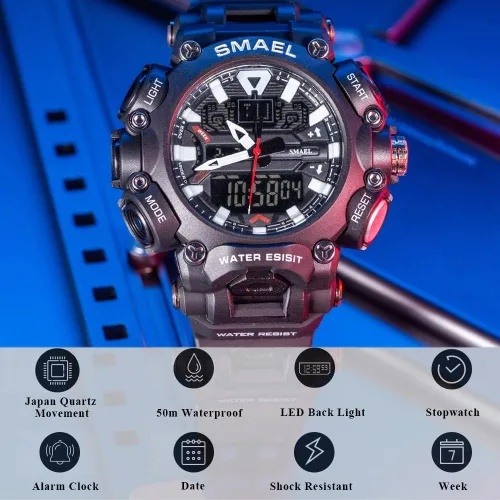 Vista 4 de SMAEL Men's Watches Sports Outdoor Waterproof Military Watch Date Multifunction Tactics LED Face Alarm Stopwatch for Men SM-8053