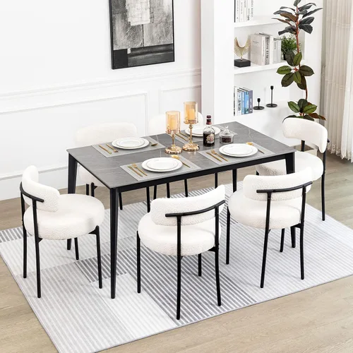 Vista 16 de DYHOME - Juego de 2 sillas de comedor de bouclé negro, sillas de cocina modernas de mediados de siglo con respaldo curvo y patas de metal, sillas